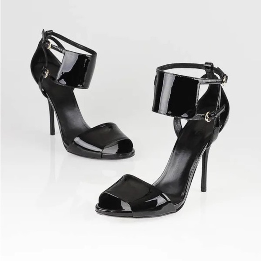 GUCCI Black Patent Leather Ankle Strap Sandals Size 10